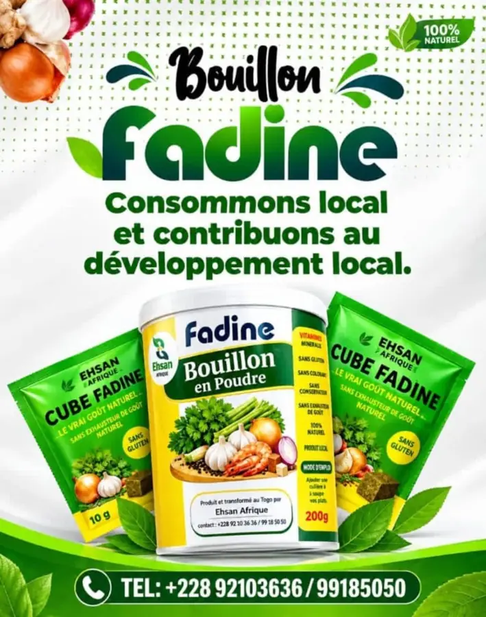 Gamme Fadine : boîte de bouillon en poudre de 200 g et cubes Fadine en sachets de 10 g